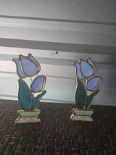 Two stained glass tulip candle holders brass picture
