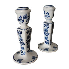 Vintage Pier 1 Imports Blue & White Floral Grape Candle Sticks, Holders Set Of 2 picture