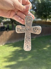 Vintage ESO Pewter Bless Our Baby Cross Religious Ornament Wall Hanging Metal picture