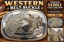 VTG Western Cowboy Belt Buckle Engraved Saddle Floral Scroll Silver Tone 3.75” picture