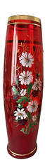 VINTAGE 1950s Enameled Glass Vase, MCM Ruby Red Bohemian Gilt Vase VERY TALL 18” picture