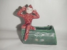VTG GILNER POTTERY BROWN ELF GREEN LOG PLANTER 1950'S SMALL CACTUS HEAR NO EVIL picture