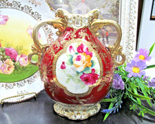Nippon hand painted with roses and thick raised beaded gold gilt work Urn picture