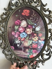 Antique Vintage Wrought Iron Victorian Flower oval Frame bubble glass floral picture
