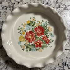 Pioneer Woman Vintage Floral Pie Baking Plate Dish Red Trim 10