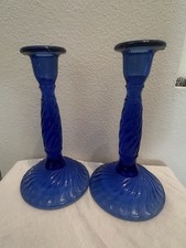 Vintage Cobalt Swirl 8” Tall Glass Candle Sticks picture