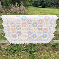 Antique Pastel 1930s Grandmother’s Flower Quilt All Hand Stitched 54” X 38” picture