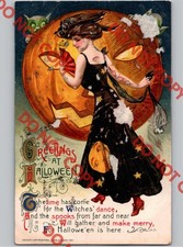 c1911 Beautiful Woman Halloween Greetings JOL Moon Jack O Lantern JOHN WINSCH picture