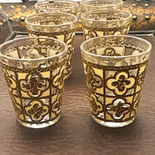 Vtg Culver Sallye 22 Kt Gold Shot Glasses Clover Quatrefoil MCM Barware Set of 6 picture