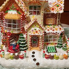 Illuminated Ceramic Gingerbread  House Figurine, Painted battery operated  picture