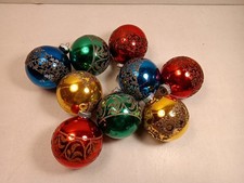 Vintage Shiny Brite Glass Christmas Ornaments Set of 9 Mica Stenciled MCM 1950s picture