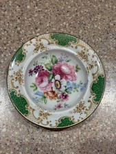 Crown Staffordshire Vintage Bone China Saucer Green Gold Floral Scroll Pink Rose picture