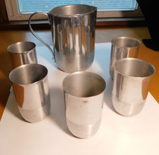 MCM Vintage Aluminum Pitcher with Five Matching Tumblers picture
