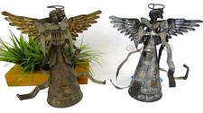Large Rustic Metal Misical Angel Candle Holders Brass Silver Tealight Jewels VTG picture