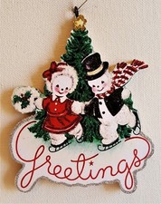 Mr & Mrs SNOWMAN, ICE SKATING, TREE, GREETINGS  Glitter CHRISTMAS ORNAMENT * Vtg picture
