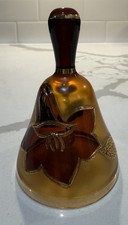 Bohemian Czech Glass Floral Bell Hand Painted Root Beer Amber Gold Gilt picture