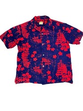 VTG 60s Ui-Maikai Hawaiian Shirt L Cotton Barkcloth Red Navy Tiki Aloha Vintage picture