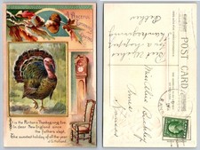 1914 Thanksgiving Postcard Turkey Puritan New England Topeka Kansas Embossed picture