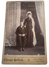 Vintage 1890 Cabinet Card Husband Sitting Victorian Wife Wedding Dress picture