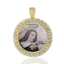 St Rita Of Cascia Christian Round Medal Gold Tone Pendant with Rhinestones picture