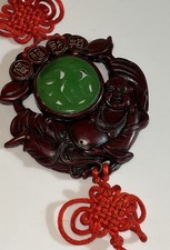 Oriental Smiling Buddah HANGING CARVED RESIN FAUX-JADE WALL ART PIECE picture