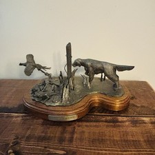 Leadfree Pewter Hunting Dog and Pheasant Scene on Wooden Base Chad Schmaltz picture