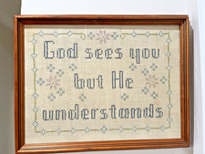 VTG Cross Stitch Sampler Cheeky 1970s Framed 