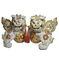 Pair  Porcelain Foo Dogs Shishi Sword White Gold 10