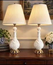 Vintage60s Milk Glass Grape Decanter Table Lamps Pair Brass Bases Pleaded Shades picture