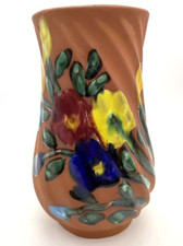 Mexico Art Pottery Vase with Terra Cotta Glazed Hand Painted Enamel Flowers picture