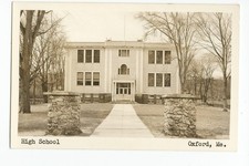 RPPC Postcard: Oxford, Maine - High School; exterior view; Kodak EKC box picture