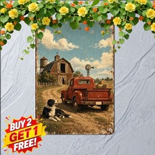 Farmhouse Pickup Truck & Dog Art Metal Tin Sign Vintage Country Decor 8x12 picture