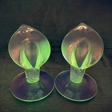 Cambridge Glass CALLA LILLY Manganese 365nm Green UV Vase Candle Holders Set 2 picture