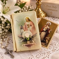 Vintage 1953 Catholic First Communion Prayer Book and Crucifix Holy Card Gilt picture