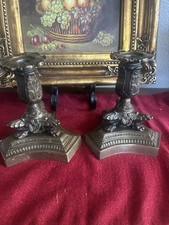 pair antique Neoclassical ornate heavy brass candlesticks candleholders picture