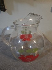 Vintage Mid-Century Clear Glass Pitcher Red Floral Green Leaves Ice Lip.  1950 picture