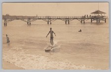 RPPC Native Surfer Moana Pier Waikiki Beach Honolulu Hawaii Photo Postcard 1910s picture