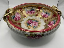 Hand Painted Nippon Two-Handled ornate Bowl w/ Gold Handles & Trim Floral Roses picture