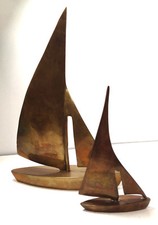 Vintage Brass Sailboat Sculpture 9-3/4 & 5-1/ 4Ship Boat Nautical Decor picture