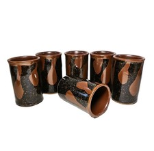 Vintage Set of 6 Japanese Shoji Hamada Mashiko Pottery Cups Brown Black picture