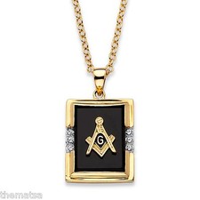14K GOLD MASONIC MASON EMERALD CUT BLACK ONYX GP PENDANT NECKLACE picture