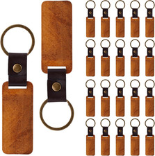 20 Pcs Wooden Keychain Blanks with Leather Strap, DIY Craft Wood Key Tags Brown picture