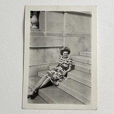 Vintage B&W Snapshot Photograph Beautiful Young Woman Sitting On Steps Hat Dress picture