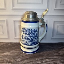 Vintage German BMF Rein Zinn Pewter Lid Blue White Porcelain Beer Stein Mug picture
