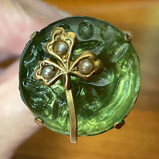 Antique Hat Pin Green Molded Glass Cabochon Three Leaf Clover Faux Pearls  picture