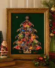 Large OOAK Vintage Jewelry Christmas Tree Wall Art Lighted Framed 24x20 picture
