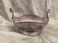 Vintage Handcrafted Double Peacock Silver Lacquered Brass Centerpiece Bowl picture