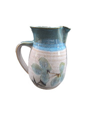 Hand Thrown Glazed Stoneware Art Pottery Pitcher Blue Gray Floral 6 1/8