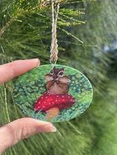 OOAK Hand Painted  Wooden Ornament, Chipmunk, Woodland, Mini Art, Christmas picture