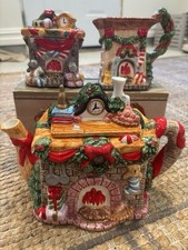 Vintage Christmas Embossed Ceramic Teapot, Sugar, And Creamer Set Home Trends picture